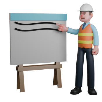 Building Design Expert in 3D. An Architect stands beside a technical drawing table with his right hand pointing at the technical drawing table. Cartoon Architect png