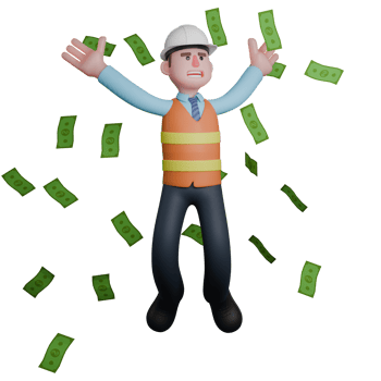 Male Architect with Blueprints. An Architect stands among flying money with both hands raised up. 3D Illustrated png