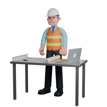Illustrated Design Professional. An Architect stands behind a work desk with his right hand holding a pencil. 3D Male Architect png