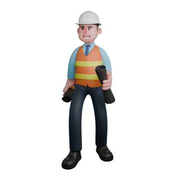 3D Male Architect at Work. An Architect stands holding a roll of sketch drawings in both hands. Building Design Cartoon png