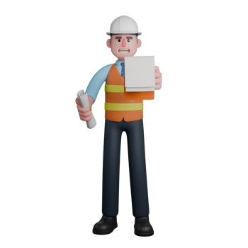 Male Architect Design Professional. An Architect stands with his right hand holding a roll of sketch drawings while his left hand holds a clipboard. 3D Cartoon png