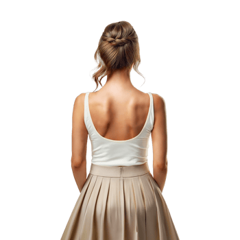 Back view of a woman in a white top and a tan skirt png