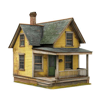 A small yellow house with a porch and a green roof png