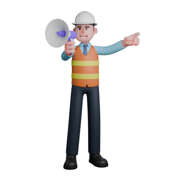 3D Male Architect in Studio. An Architect stands holding a loudspeaker in his right hand while his left hand points forward. Design Illustrated png