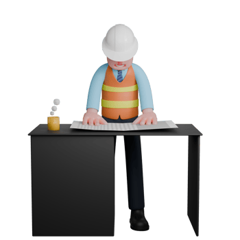 3D Male Architect in Professional Role. An architect stands behind a desk with both hands on the work paper on the table with his head lowered. Design Cartoon png
