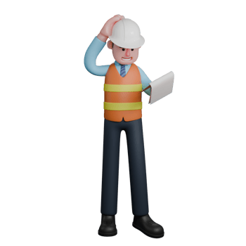 Professional Male Design Character. An architect stands holding a clipboard with his left hand while his right hand is holding his head. 3D Architect png