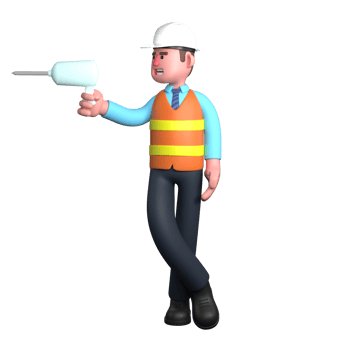 Professional Architect Character in 3D. An Architect stands with his legs crossed and holds a drill in his right hand. Male png