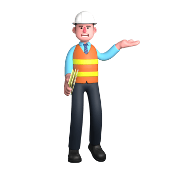 Professional 3D Male Design Architect. An Architect stands with his right hand carrying several sheets of paper while his left hand is raised upwards with the palm facing upwards. Cartoon png