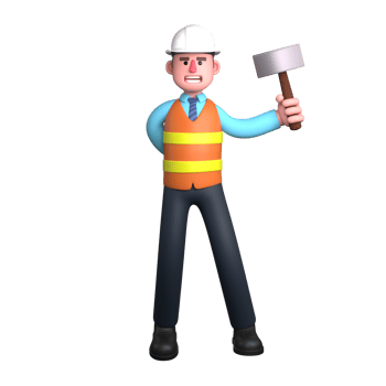 Male Design Professional in 3D. An architect stands holding an axe in his left hand while his right hand is behind his body. Architect Cartoon png