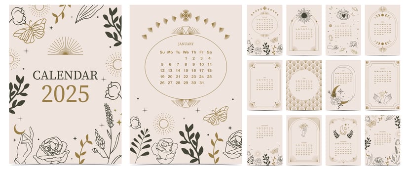 2025 table monthly calendar week start on Sunday with boho style that use for vertical digital and printable A4 A5 size vector