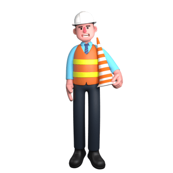 3D Male Design Character. An Architect stands with his left hand holding a traffic cone. Architect Professional png
