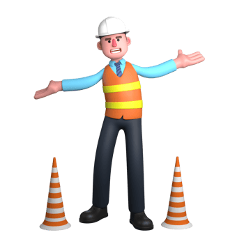 Male Professional Architect 3D Character. An Architect stands between traffic cones with both hands extended to the side. Design png