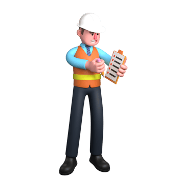 Architect in 3D. An Architect stands with his right hand holding a pencil while his left hand holds a clipboard with a checklist paper. Male Professional png