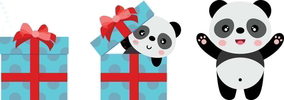 Cute panda going out of blue birthday gift with red ribbon bow vector