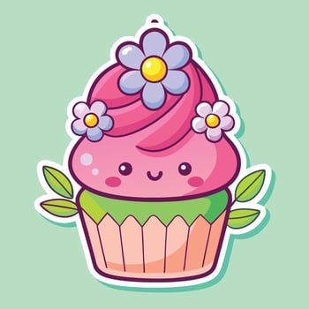 Whimsical Cartoon Sticker of a Cupcake Adorned with Delicate Edible Flowers vector