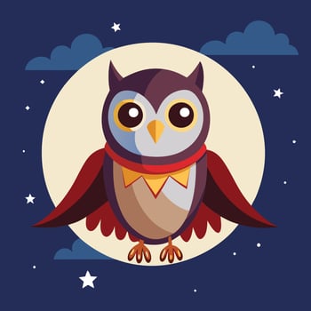 Cartoon Sticker of a Friendly Owl Wearing a Flowing Blue Cape and Big Eyes vector