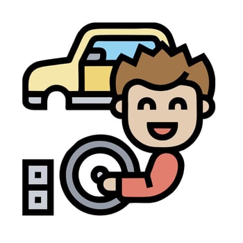 A man is holding a steering wheel and a car vector
