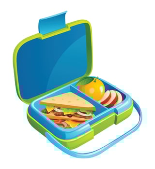 Lunch box with sandwich, apple slices, and orange in compartments. Cartoon illustration vector