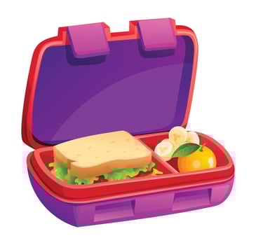 Lunch box with sandwich, orange, and banana slices in purple container. Cartoon illustration vector