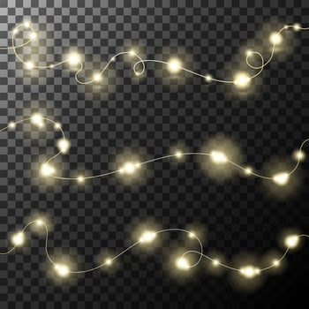 Garlands with warm lights glow set of elements on a transparent background for Xmas Holiday. Festive glowing lanterns lights. Christmas garland realistic design.Led neon lamp. illustration vector
