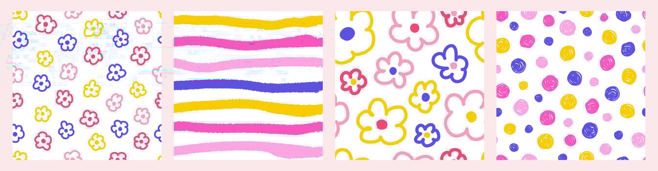 Colorful seamless pattern set of multicolored hand drawn curved checkered lines, polka dots and flowers. Trendy design with abstract shapes, simple and playful doodle wallpaper print vector