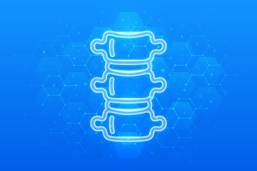 Spine icon. Spine health. Back pain spine treatment, Physiotherapy, Diagnostics concept. Molecular structure. Blue medical background with hexagons. vector
