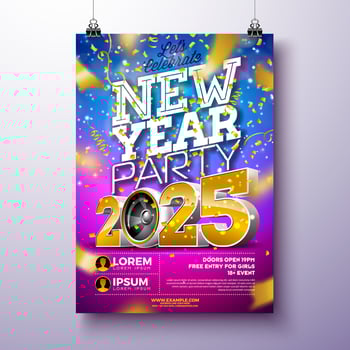 Happy New Year 2025 Party Celebration Poster Template Illustration with Golden 3d Typography Lettering and Speaker on Falling Confetti Background. New Year Eve Holiday Flyer Design. Premium vector