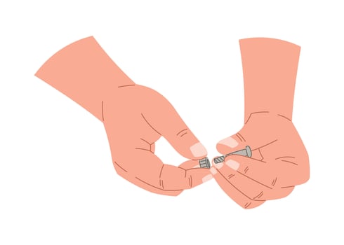 Male hands holding screw and nut. Carpenter worker with working tools. isolated on white flat cartoon illustration. vector