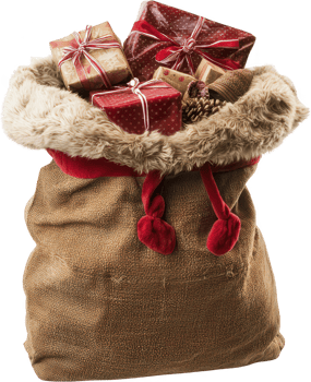 Santa Claus bag filled with Christmas gifts and presents png