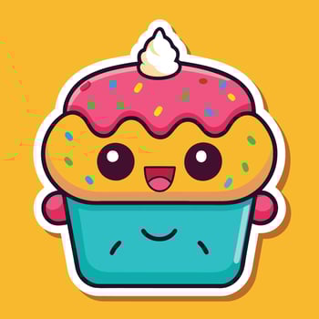 Adorable Cartoon Sticker Depicting a Jubilant Cupcake Sprinkled with Delight vector