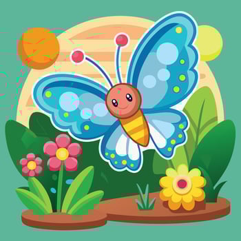 Whimsical Cartoon Butterfly Fluttering Gracefully over a Blooming Garden vector