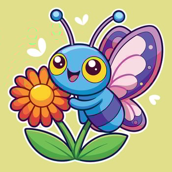 Adorable Cartoon Butterfly Delicately Sipping Sweet Nectar from Flower vector