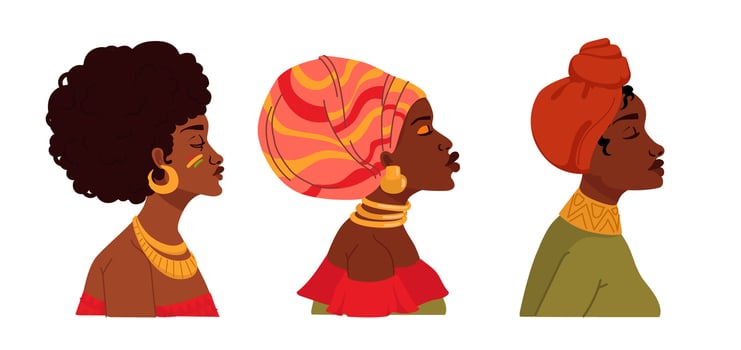 Black skinned African women in traditional dress. Hand drawn vector