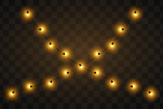 Festive lights. String of glowing golden lights arranged at an angle. Ideal for decorating events, holidays, or outdoor settings. The dark background highlights the glowing elements. vector