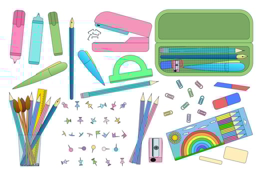 Colorful back to school stationery set with pencils, pens, paper clips, and office supplies, perfect for education-themed illustrations. vector