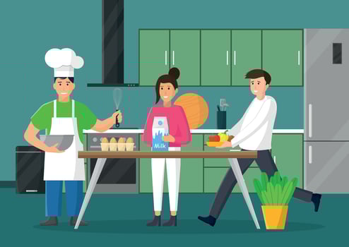 People cooking in the kitchen. Cartoon characters, men and women. vector