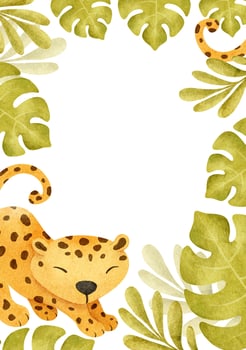 Cute baby african leopard and tropical leaves. Funny frame of cheetah. Kid's hand drawn watercolor background. Safari Template for children's invitation cards, baby shower, decoration of kid's room vector