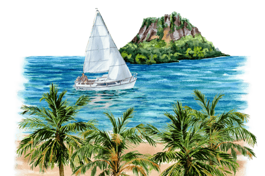 Hand painted tropical sketch with sailor in the sea, going to the island png