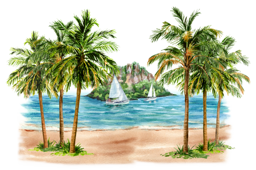 Hand drawn tropical landscape with sailors in the sea png