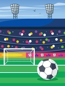 Open-air football stadium. Fans in the stands. Football goal and ball. vector
