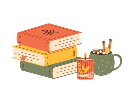 Cozy composition of books, hot drink and candle. Autumn illustration for seasonal designs, fall decor, and comforting atmosphere concepts vector