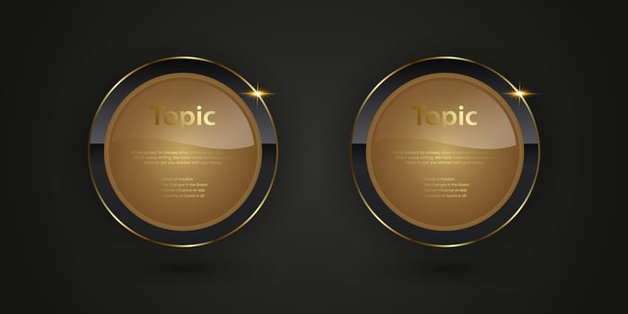 Group of two Luxury Black circle buttons with golden frame illustration, a sleek, modern graphic design with a focus on a circular, glassy sphere in the center. vector