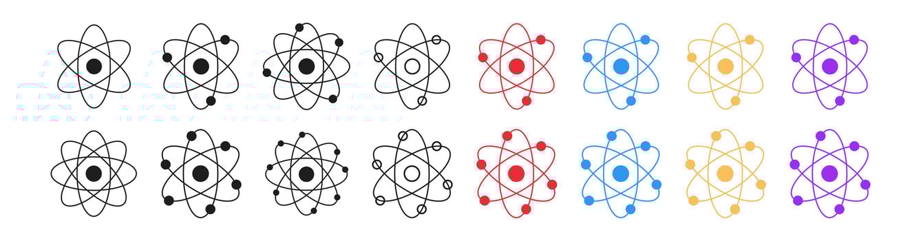 Set of atom icons with colored versions, black silhouettes, black outlined atoms with orbiting electrons, isolated on white background. Concept of science, physics, atomic structure. Design elements. vector