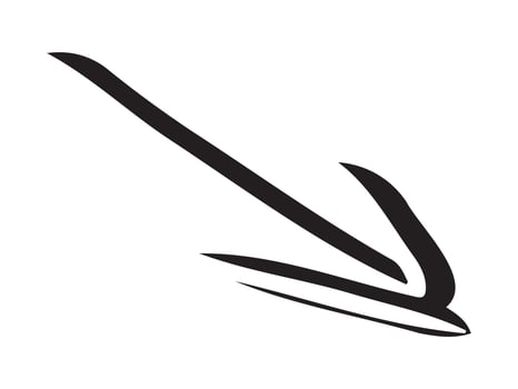 Hand-drawn straight volumetric black arrow isolated on a white background. Concept of direction, navigation, pointers, movement. Design element, sign. Doodle style, sketch vector