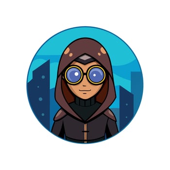 Female cyberpunk girl in leather hoodie with gas mask with protective glasses looks frontal in the camera. night city light bokeh. colorful. character. fictional person made with vector