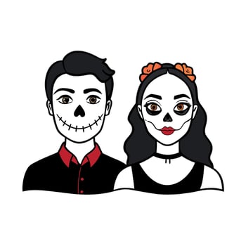 Halloween. A young beautiful couple of a man and a woman with faces decorated for the holiday. Festive makeup for all saints day or halloween. vector