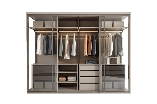 contemporary wardrobe with sliding glass doors showcases an organized system of hanging clothes and shelves isolated on transparent background png