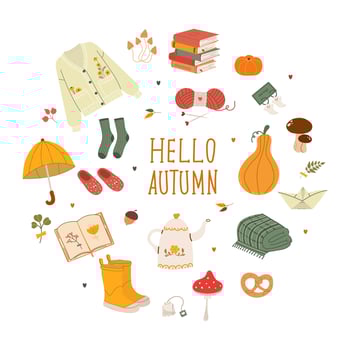 set of fall elements. Hello autumn. Cozy autumn illustration. Leaves, acorns, sweater, pumpkin, boots, mushrooms, for holiday cards, invitations and holiday decorations. vector