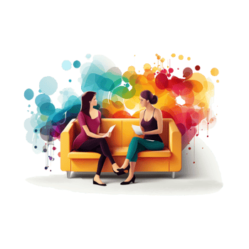 People sitting on sofa with colorful splashes. illustration for your design isolated on transparent background. png