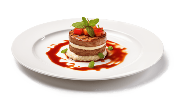 Grilled steak with sauce and vegetables on a plate isolated on a transparent background. png
